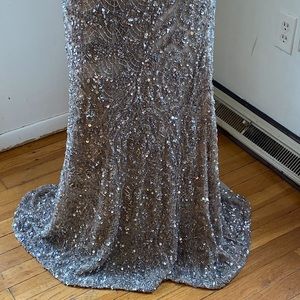 Theia  - 883053 High Neck Long Sleeves Pleated A Line Long Gown